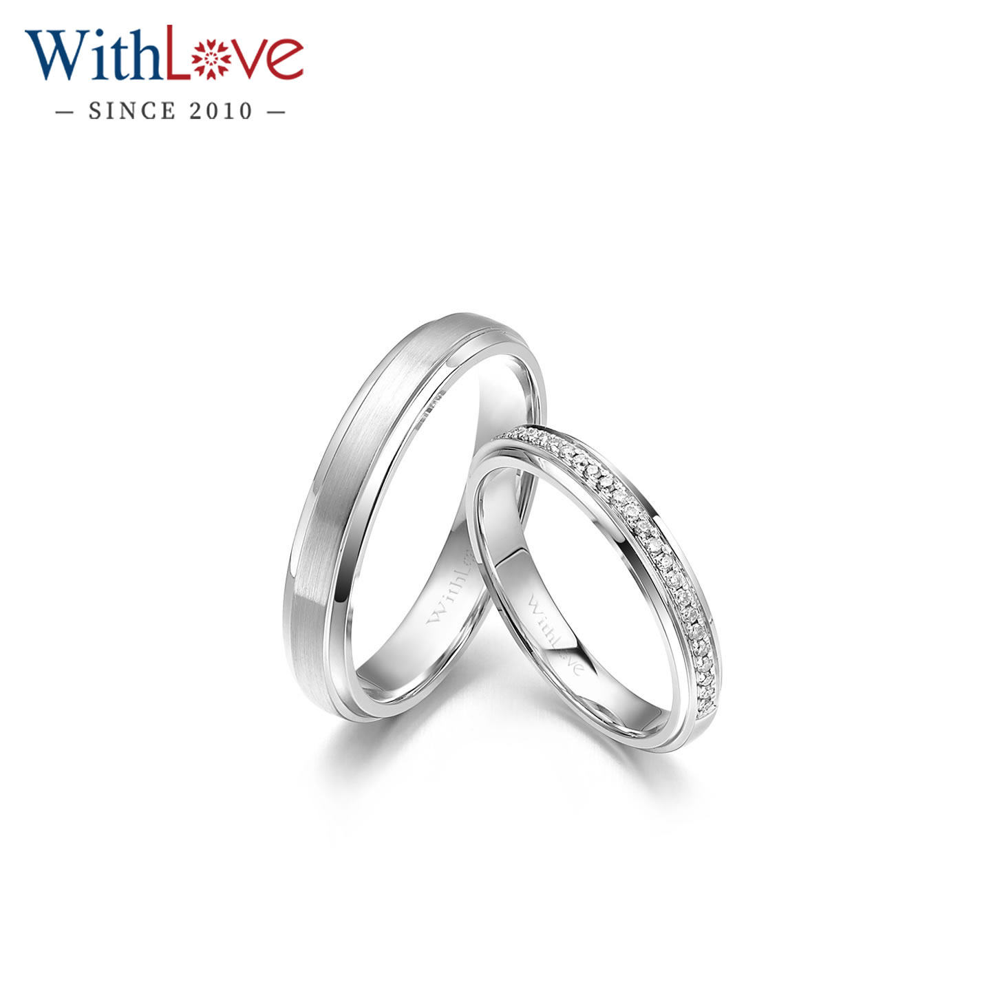 WithLove 18K金10分排钻女戒男士铂金Pt950情侣结婚对戒定制