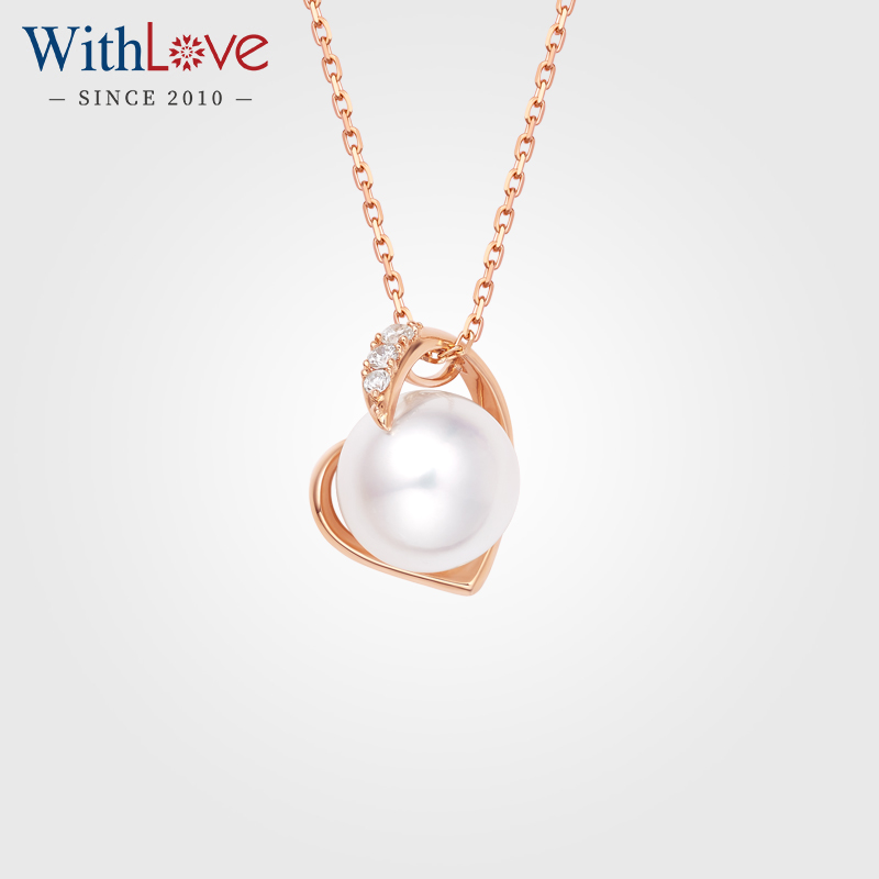 WithLove 18K金日本Akoya海水珍珠群镶钻石心形吊坠项链锁骨链女
