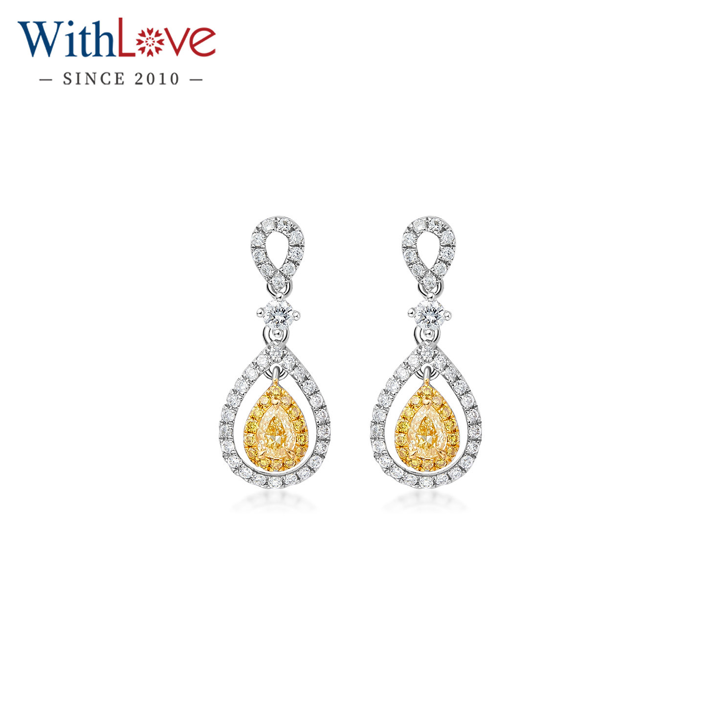 WithLove 白18K金天然水滴型黄钻耳饰经典显大群镶钻石耳钉正品女