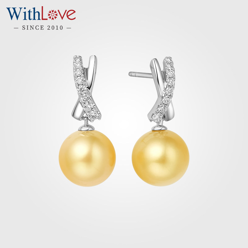 WithLove 18K金南洋金珍珠群镶钻石耳钉耳饰耳坠真钻正品女