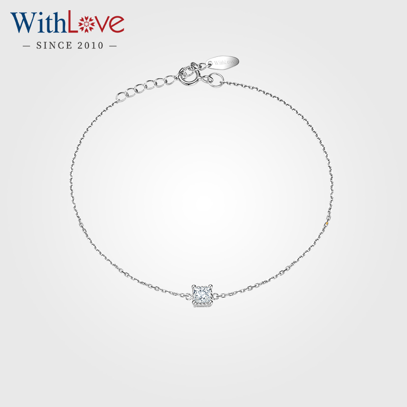 WithLove 白18K金简约单钻20分公主方钻石女士手链轻奢小众精致
