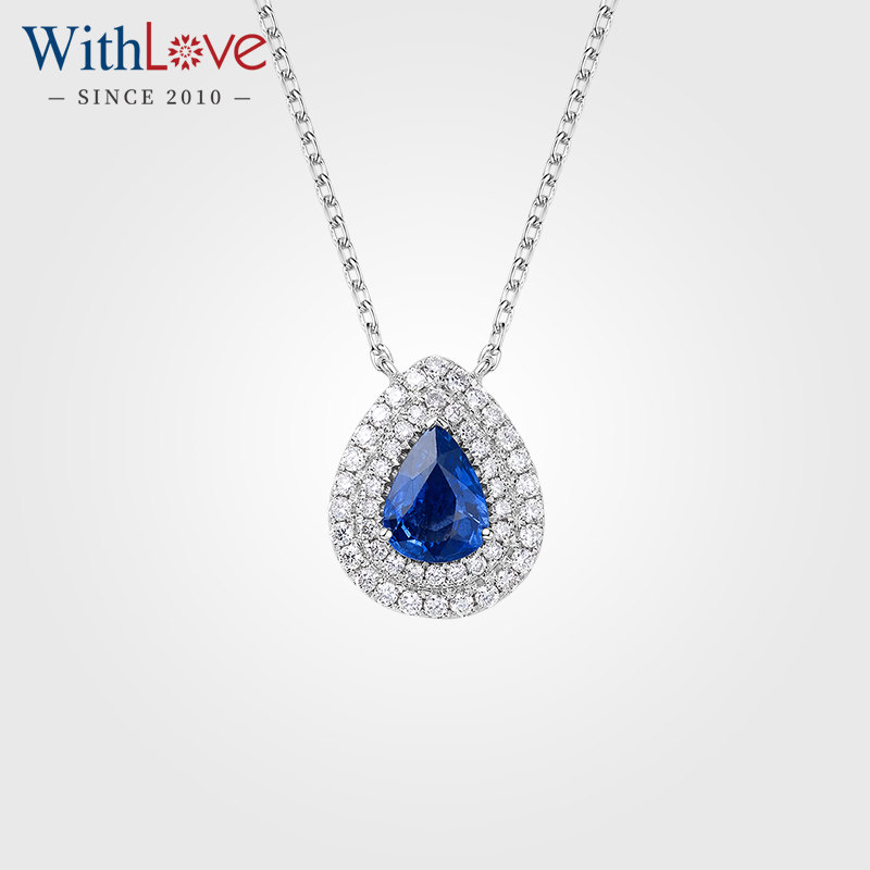 WithLove 18K金水滴形有烧蓝宝石皇家蓝项链豪华群镶钻石锁骨链女