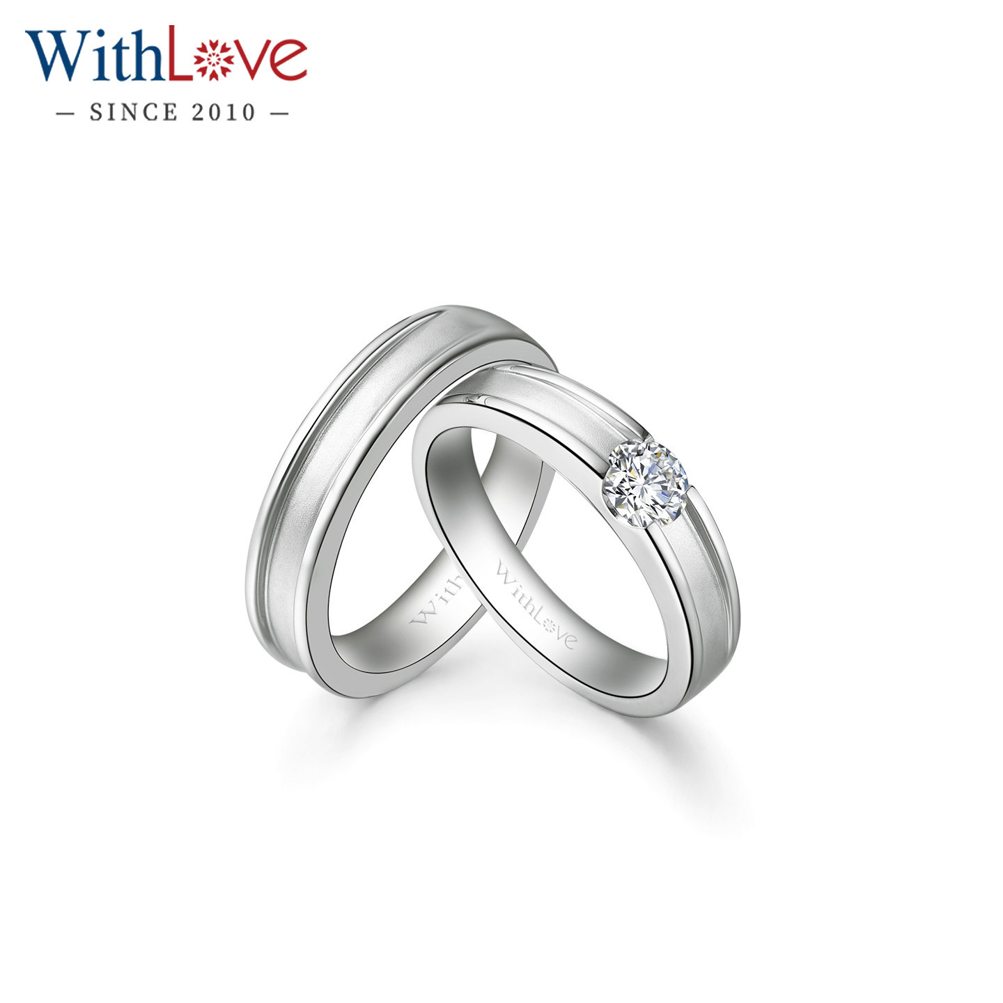 WithLove 18K金30分钻石结婚对戒 男素金女钻石情侣戒指定制
