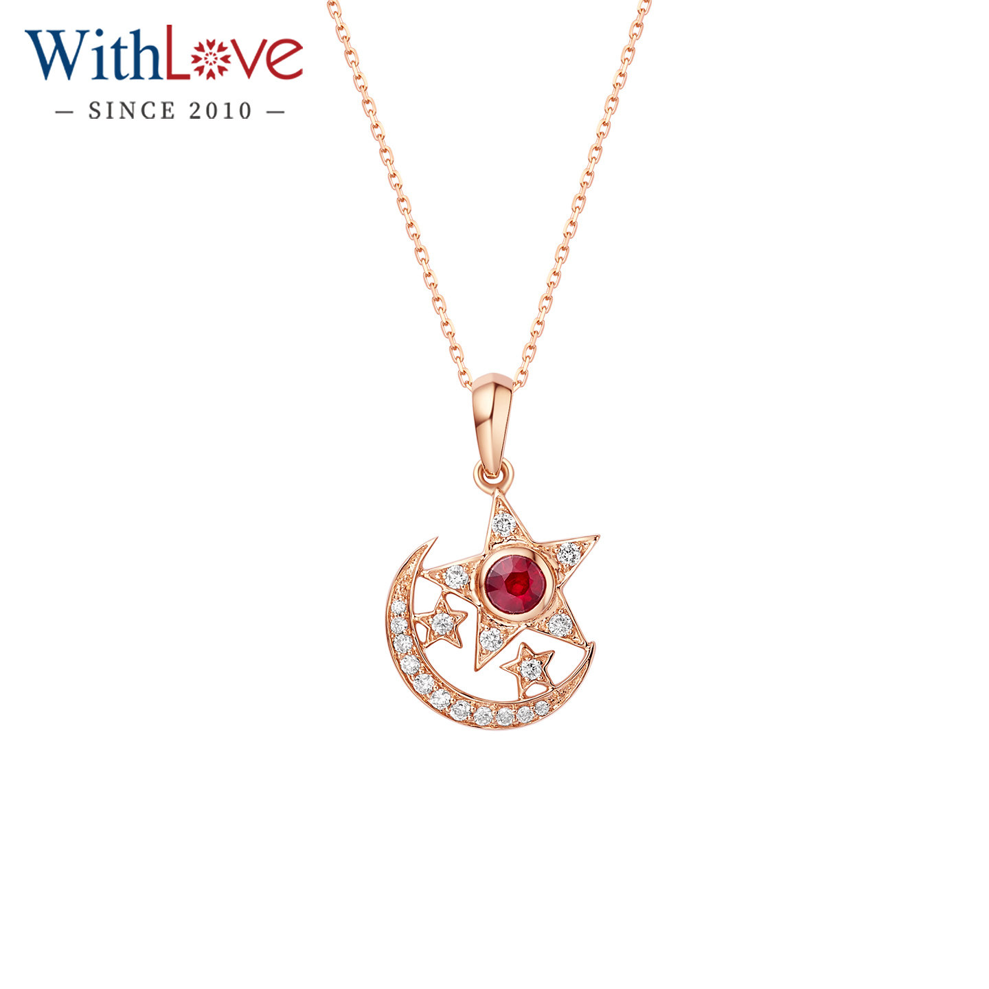 WithLove 18K金红宝石群镶星星月亮钻石吊坠真钻彩宝生辰石项坠