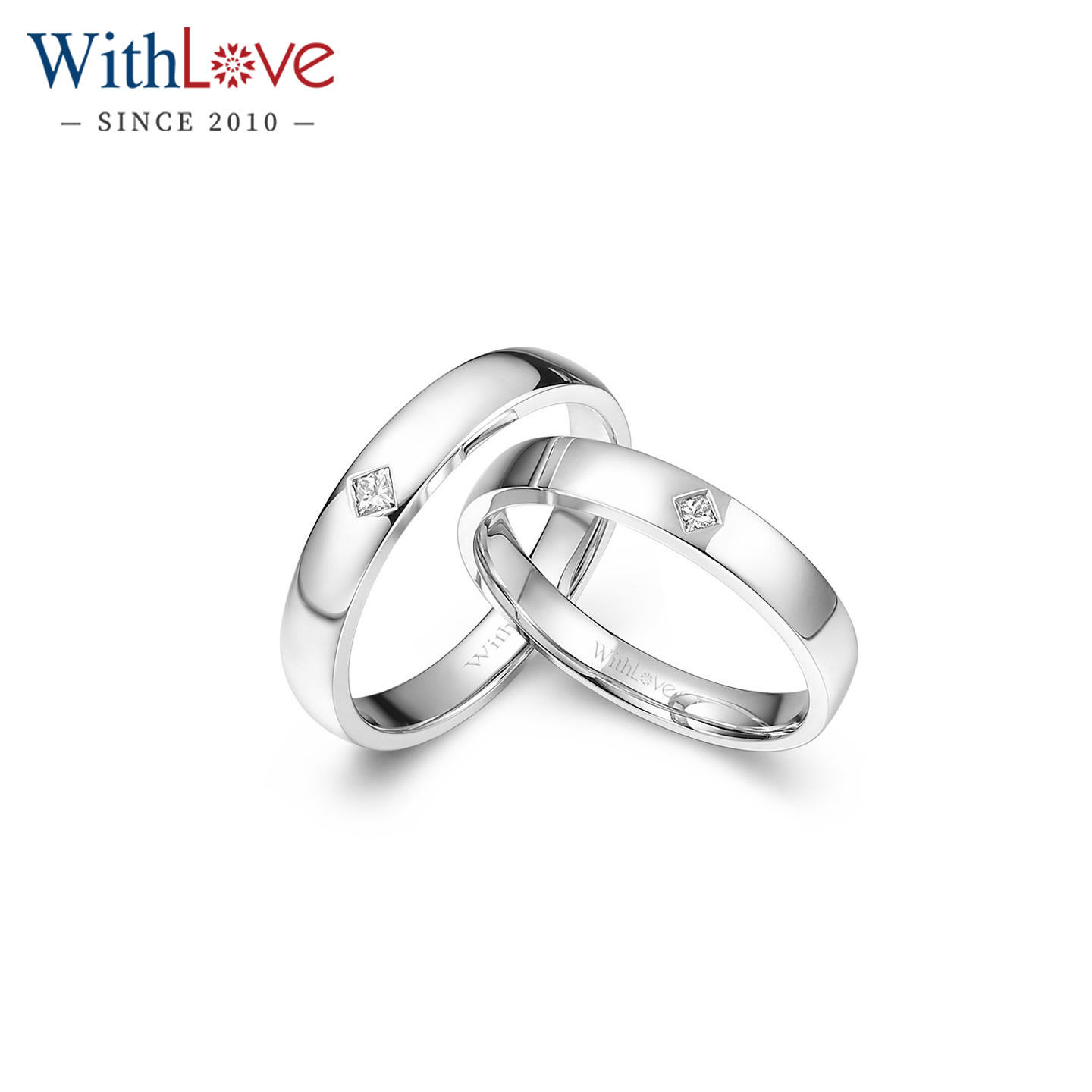 WithLove 白18K金8分公主方钻石情侣戒指 铂金结婚对戒定制