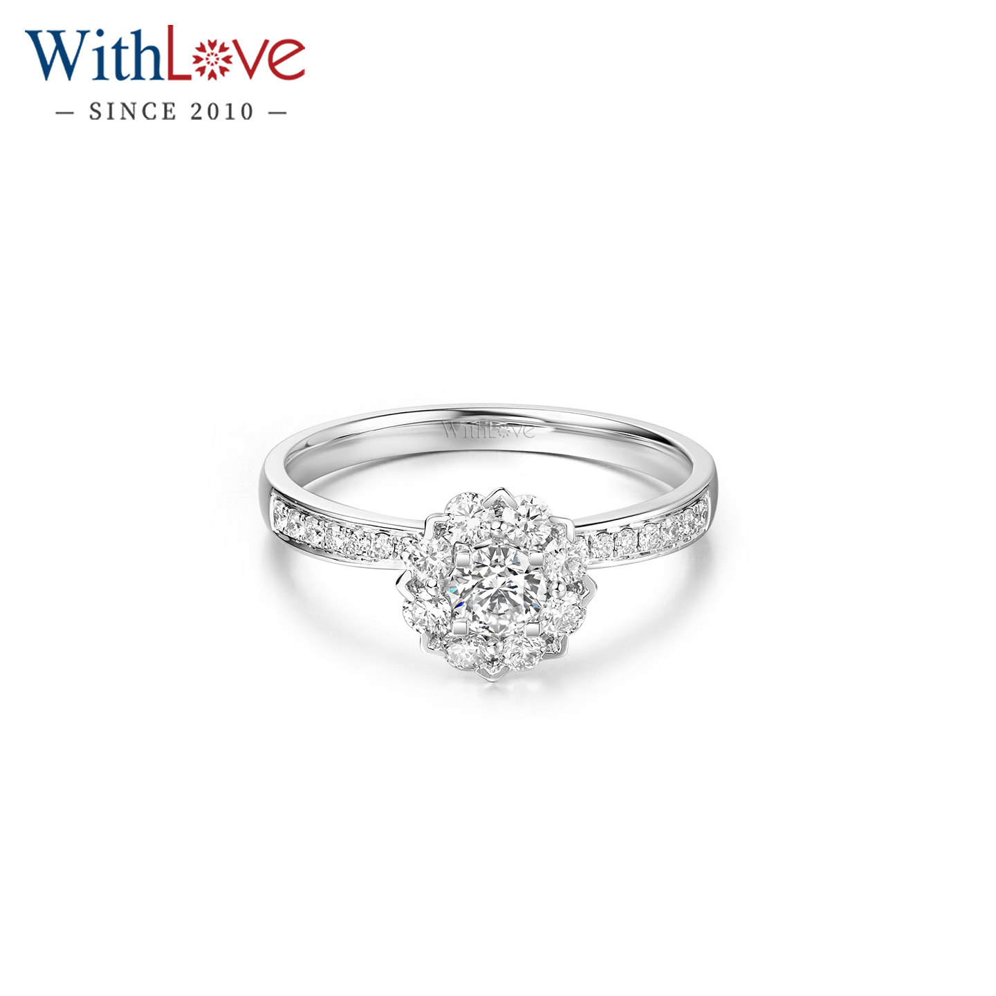 WithLove 18K金四爪钻石豪华群镶显大铂金结婚钻戒真钻求婚礼物