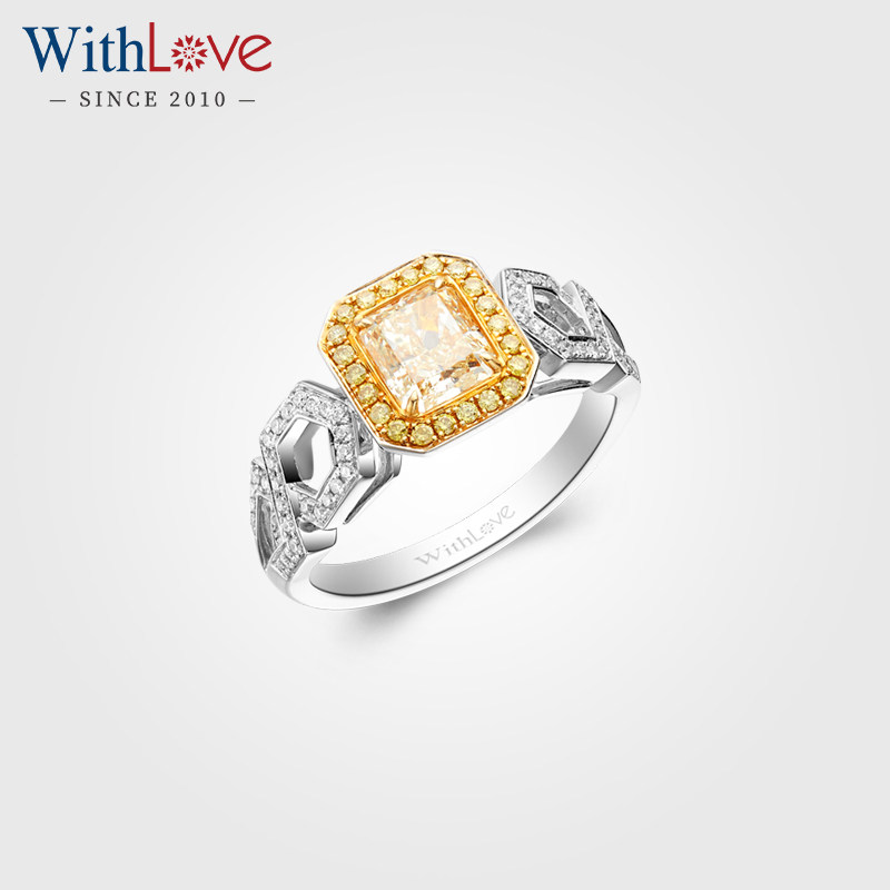 WithLove 白18K金中彩黄钻彩钻雷迪恩豪华群镶克拉钻戒戒指女定制