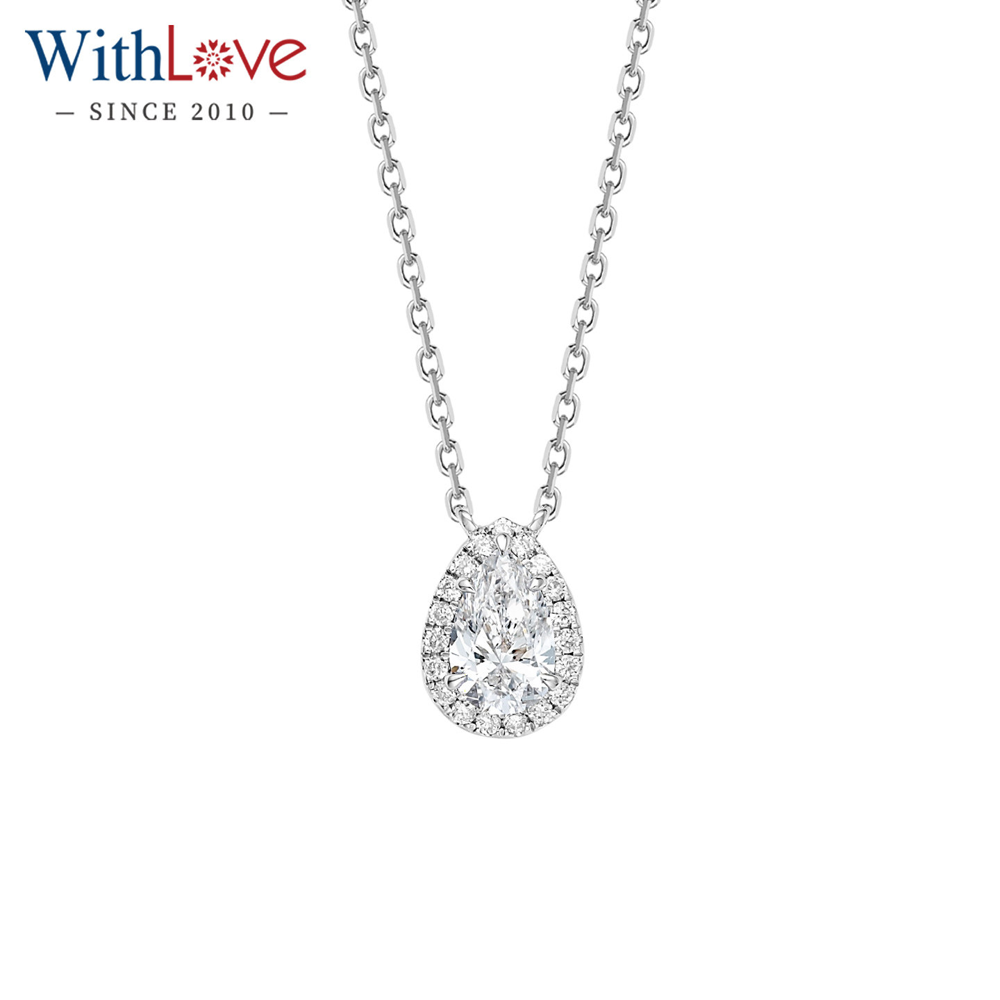 WithLove 白18K金水滴形钻石项链Pt铂金锁骨链群镶GIA真钻送女友