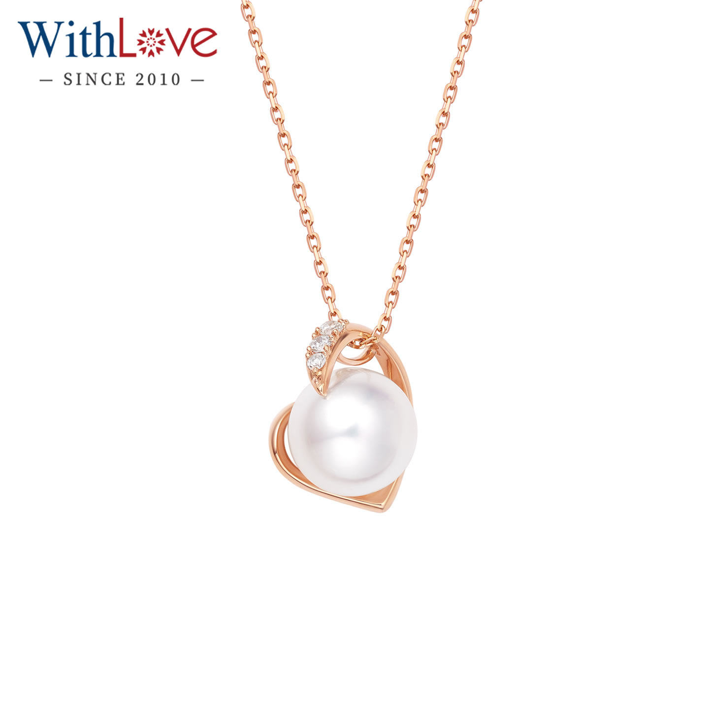 WithLove 18K金日本Akoya海水珍珠群镶钻石心形吊坠项链锁骨链女