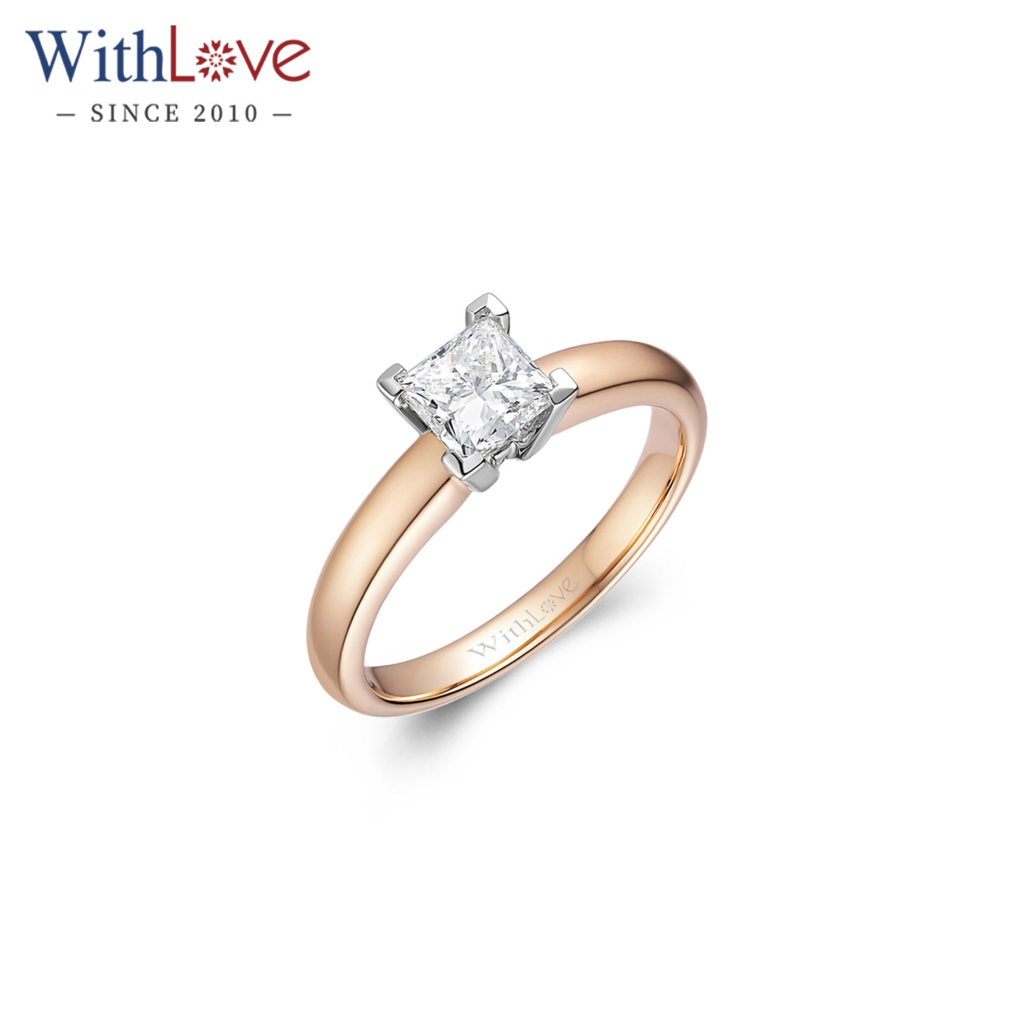 WithLove 18K彩金公主方结婚钻戒单钻GIA方形钻石戒指50分1克拉
