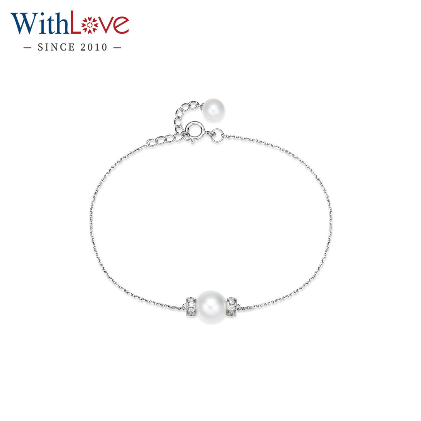 WithLove 白18K金日本Akoya海水珍珠钻石手链天然珍珠手串可调节