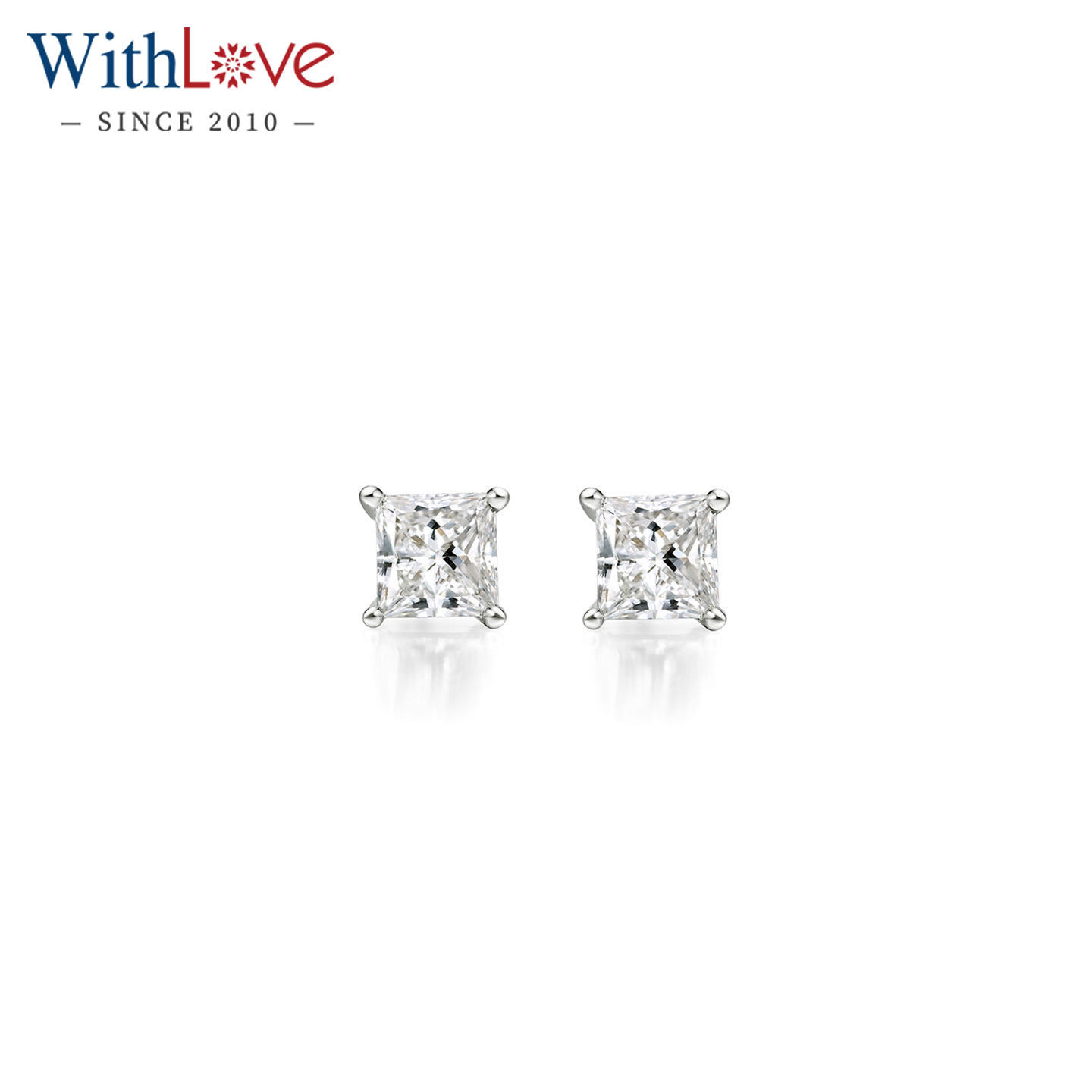 WithLove 18K金公主方钻石耳钉螺丝耳针男女耳饰四爪单钻耳环正品