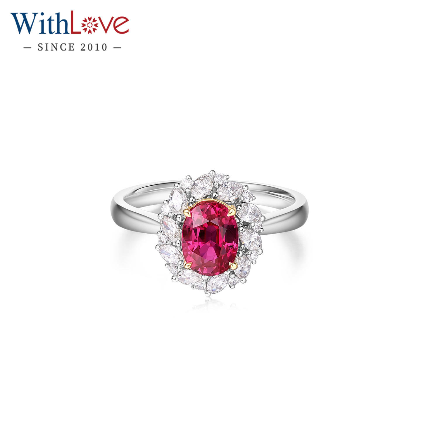 WithLove 18K金椭圆形天然红宝石1.5克拉豪华群镶钻石戒指女婚戒