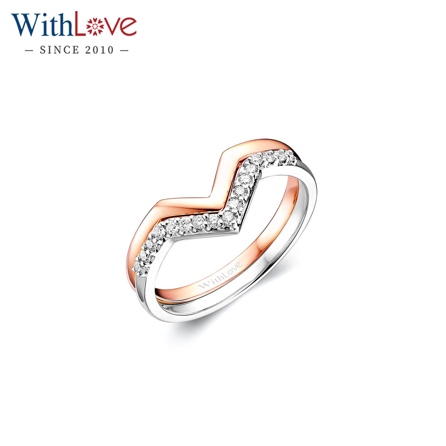 WithLove 18K排镶钻石套戒叠戴钻戒V形指环真钻戒指女定制