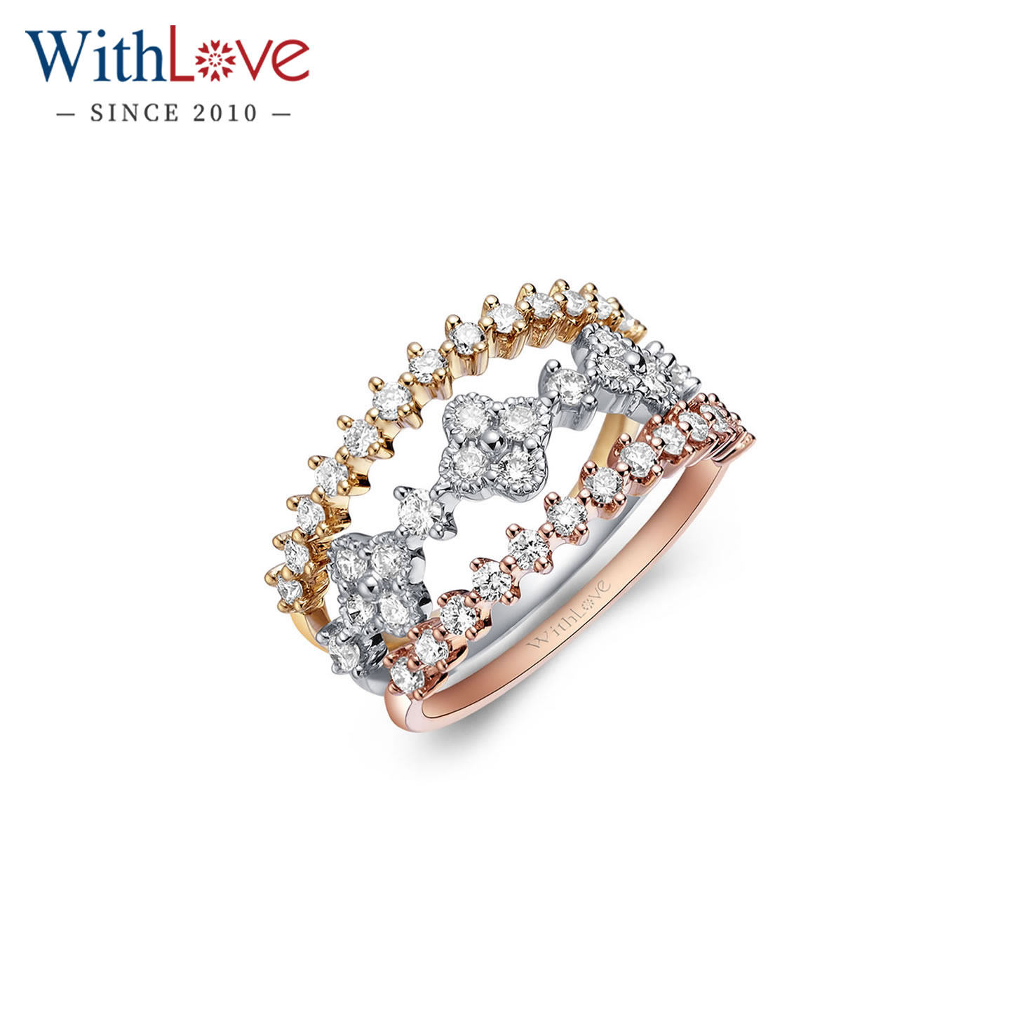 WithLove 18K三色金排镶排钻戒指 65分群镶钻石轻奢豪华叠戴套戒