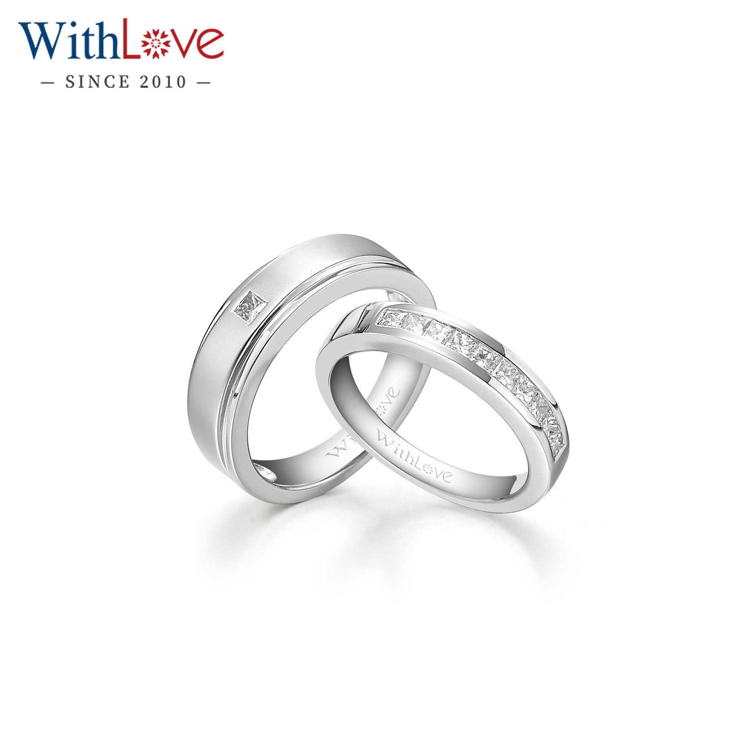 WithLove 18K金40分公主方真钻结婚对戒女款排钻钻石情侣戒指定制