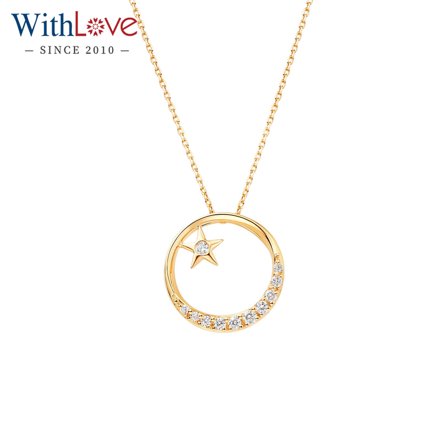 WithLove 黄18K金群镶钻石吊坠月亮星星圆形项坠挂坠礼物