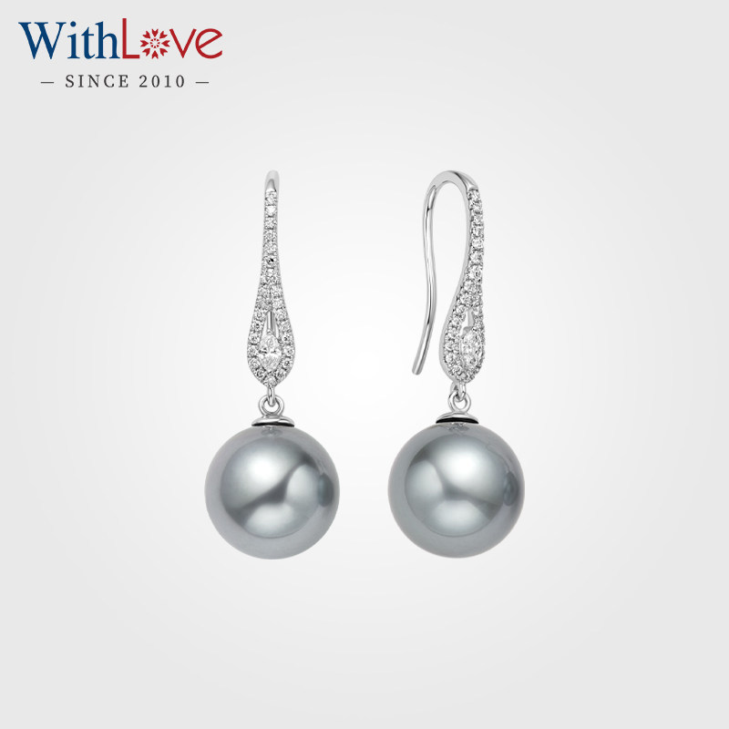 WithLove 18K金大溪地海水银灰铂金灰珍珠钻石耳钩日本真科研证书