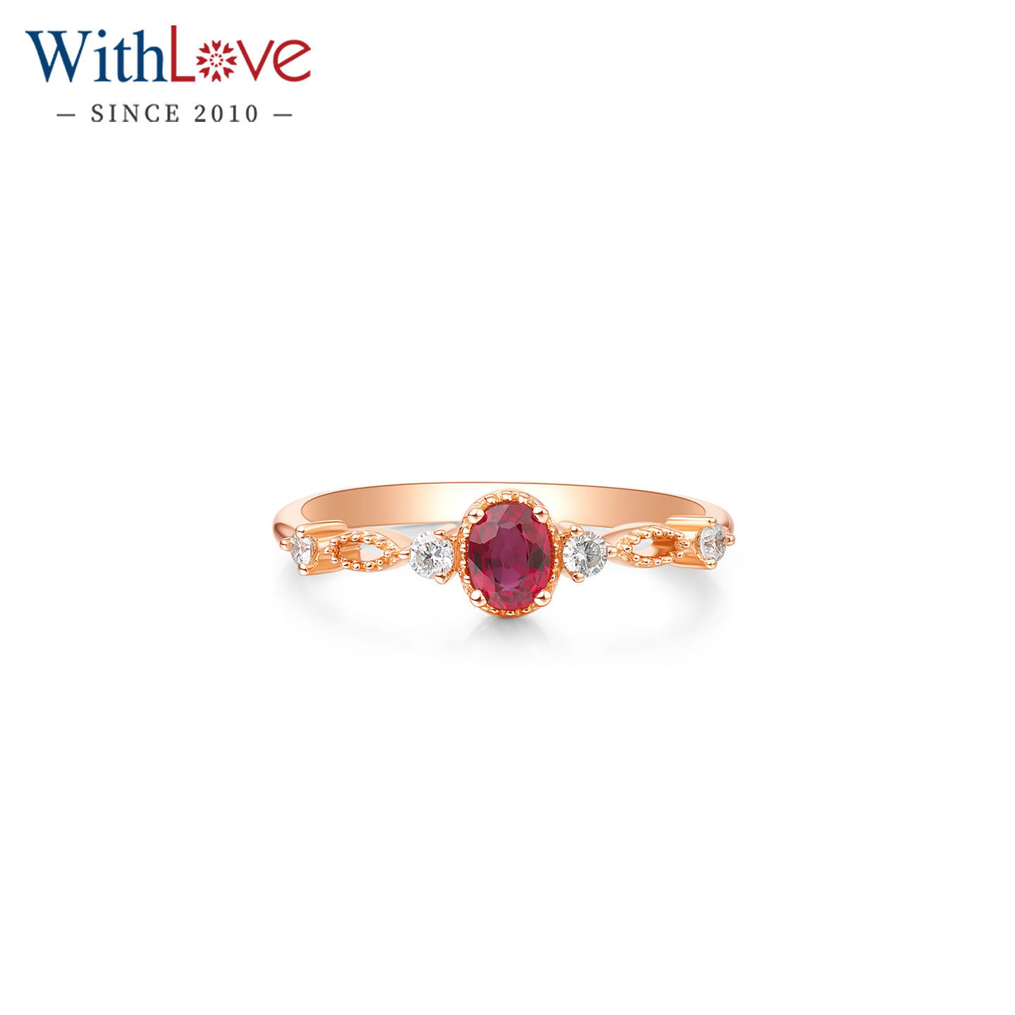 WithLove 玫瑰18K金红宝石天然椭圆彩宝正品群镶轻奢钻石戒指女戒