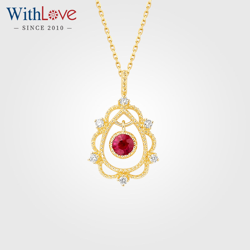 WithLove 18K金红宝石群镶钻石项坠真钻正品 彩宝轻奢复古吊坠