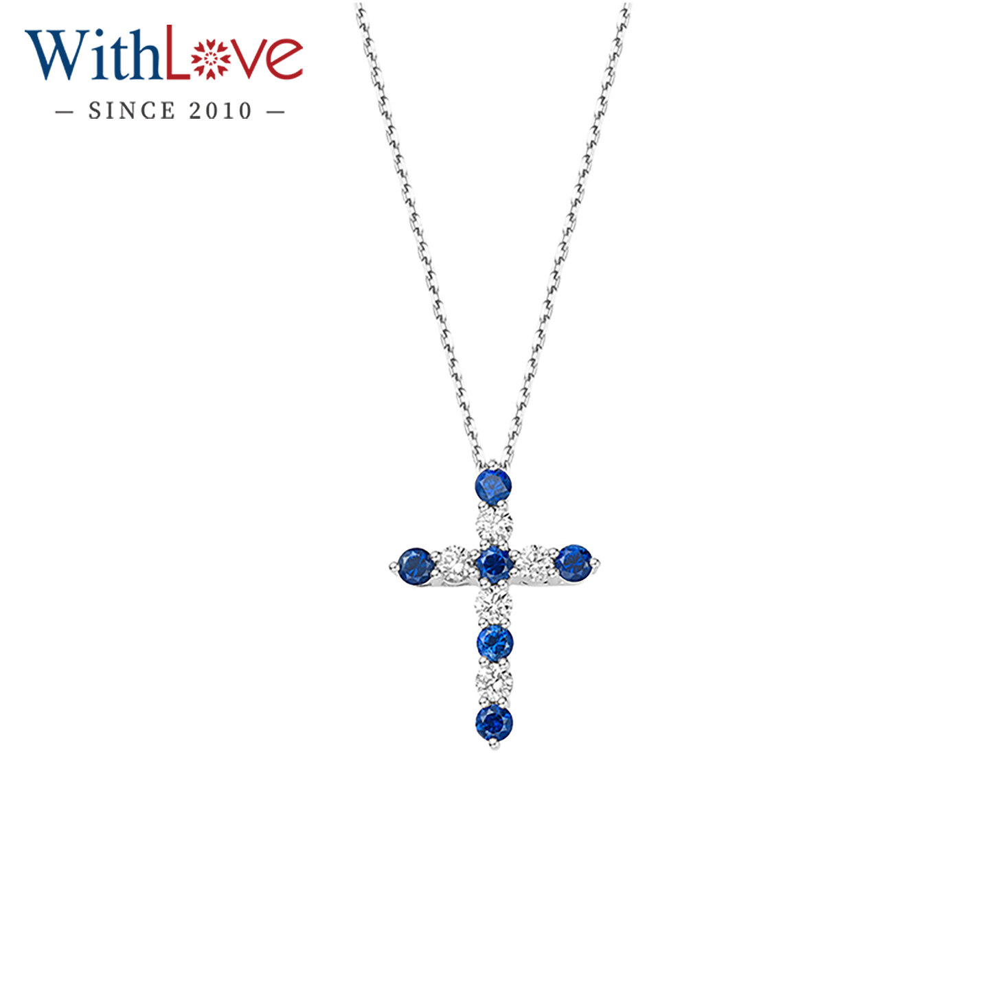 WithLove Pt950铂金0.5克拉群镶钻石蓝宝石吊坠经典十字架项坠女