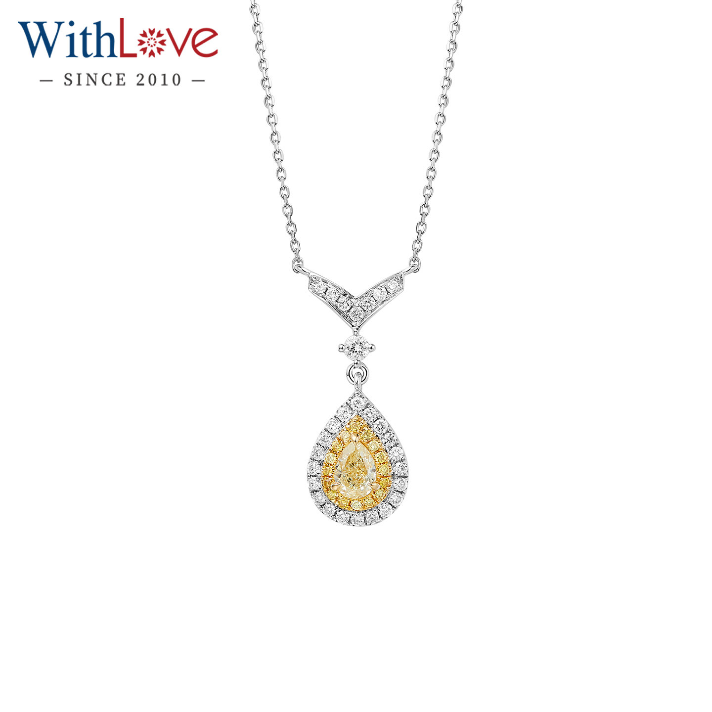 WithLove 白18K金天然水滴型黄钻项链群镶钻石V形锁骨链高级感