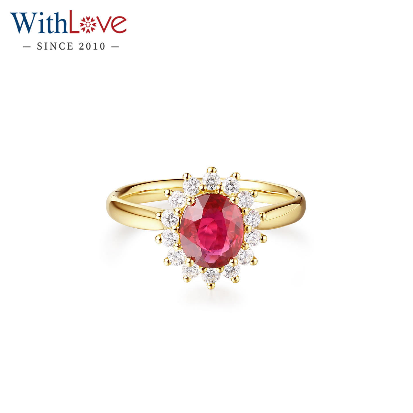 WithLove 18K金椭圆1克拉有烧鸽血红宝石围镶钻石戒指女AIGS证书
