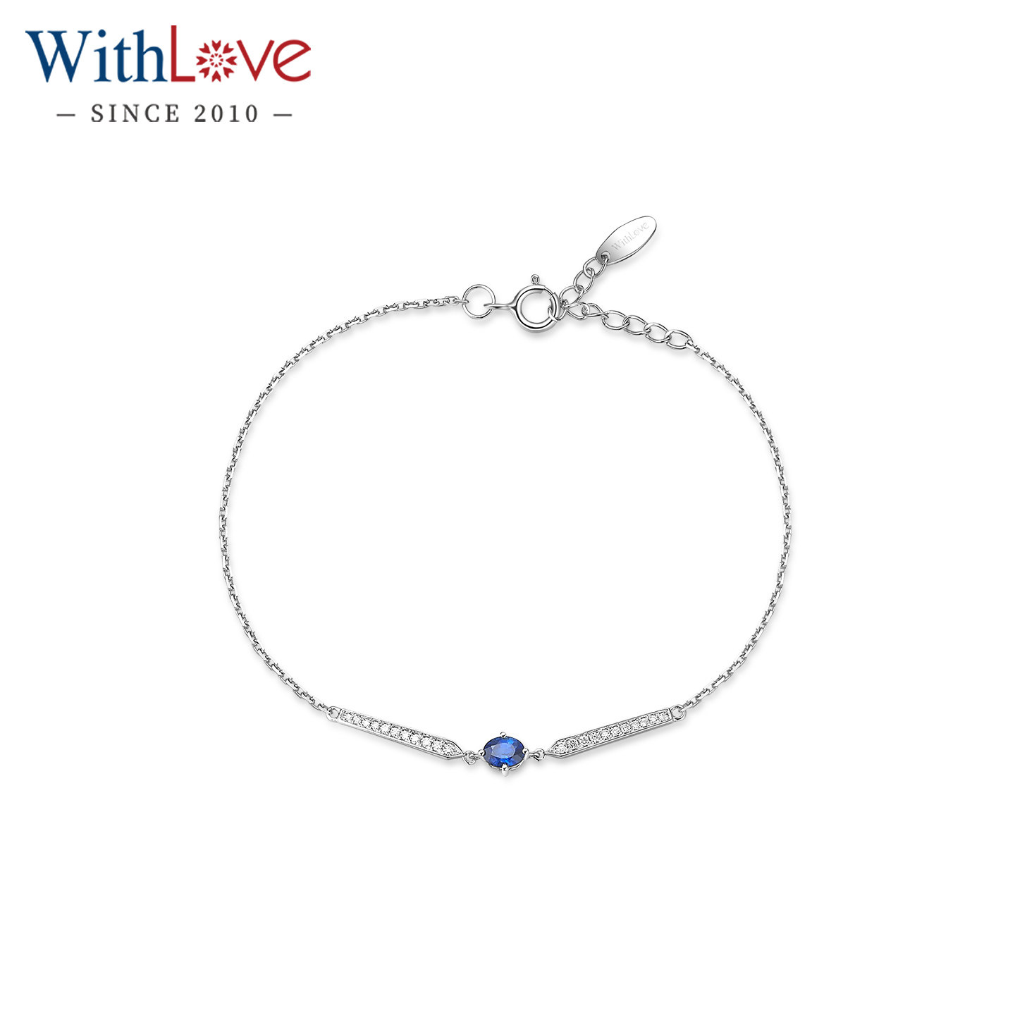 WithLove 白18K金蓝宝石天然钻石可调节手链群镶气质简约女正品