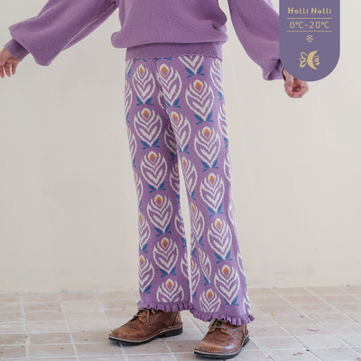 欧利娜利国风冬季针织提花喇叭裤