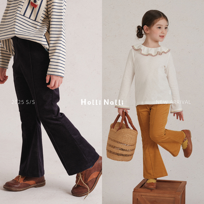 欧利娜利 平绒立体条显瘦好裤型百搭亲肤高弹复古秋季女童喇叭裤