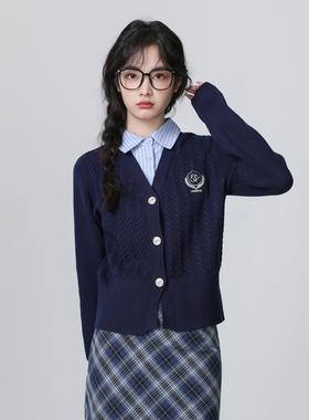 学院风宽松短款蓝色毛衣女春季POLO领衬衫拼接针织开衫假两件上衣