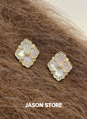 JASON/S925银针法式复古四叶草耳环女2026新款轻奢高级感菱形耳钉