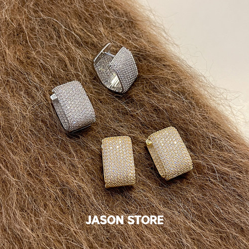 JASON/轻奢满钻方形耳扣女小众独特高级感耳钉轻奢时尚百搭耳饰品