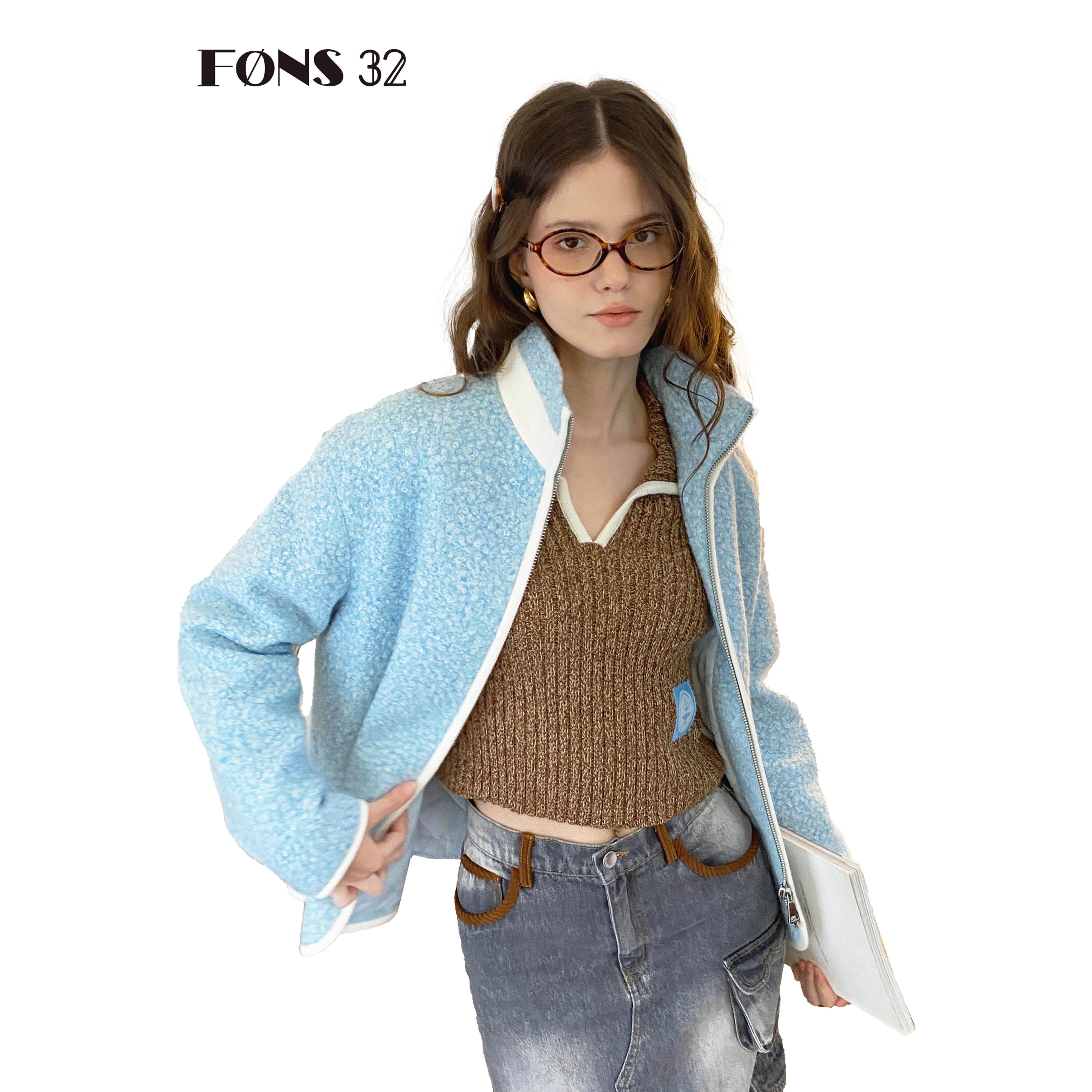 FONS32 2024秋冬新款棉服泉水蓝立领圈圈呢冬季外套