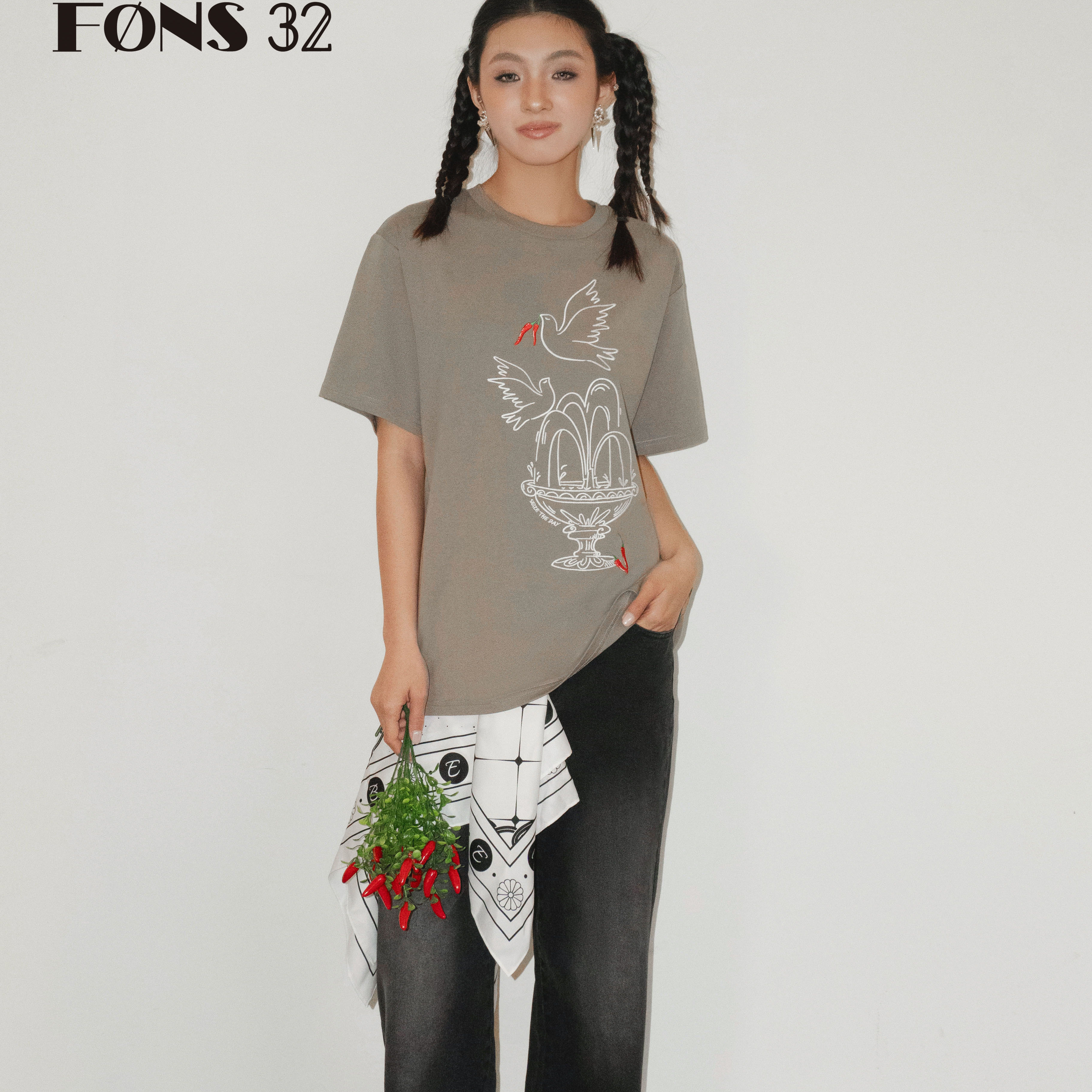 FONS32 新款女装休闲百搭上衣女宽松圆领复古美式刺绣短袖T恤女