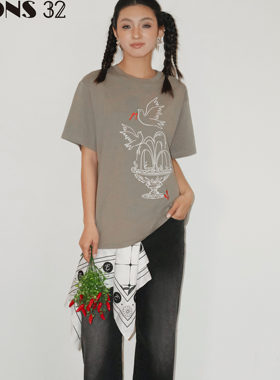 FONS32 新款女装休闲百搭上衣女宽松圆领复古美式刺绣短袖T恤女