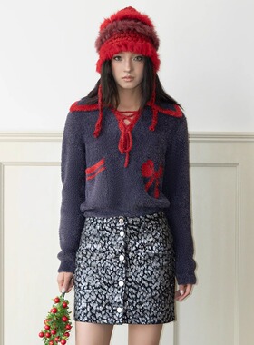 FONS32 早春新款毛衣女仿貂绒撞色翻领蝴蝶结刺绣紫色毛衣针织衫