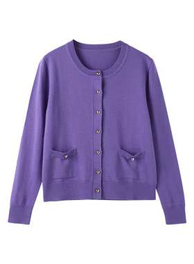 58116-气质百搭纯色羊毛圆领开衫针织衫上衣女