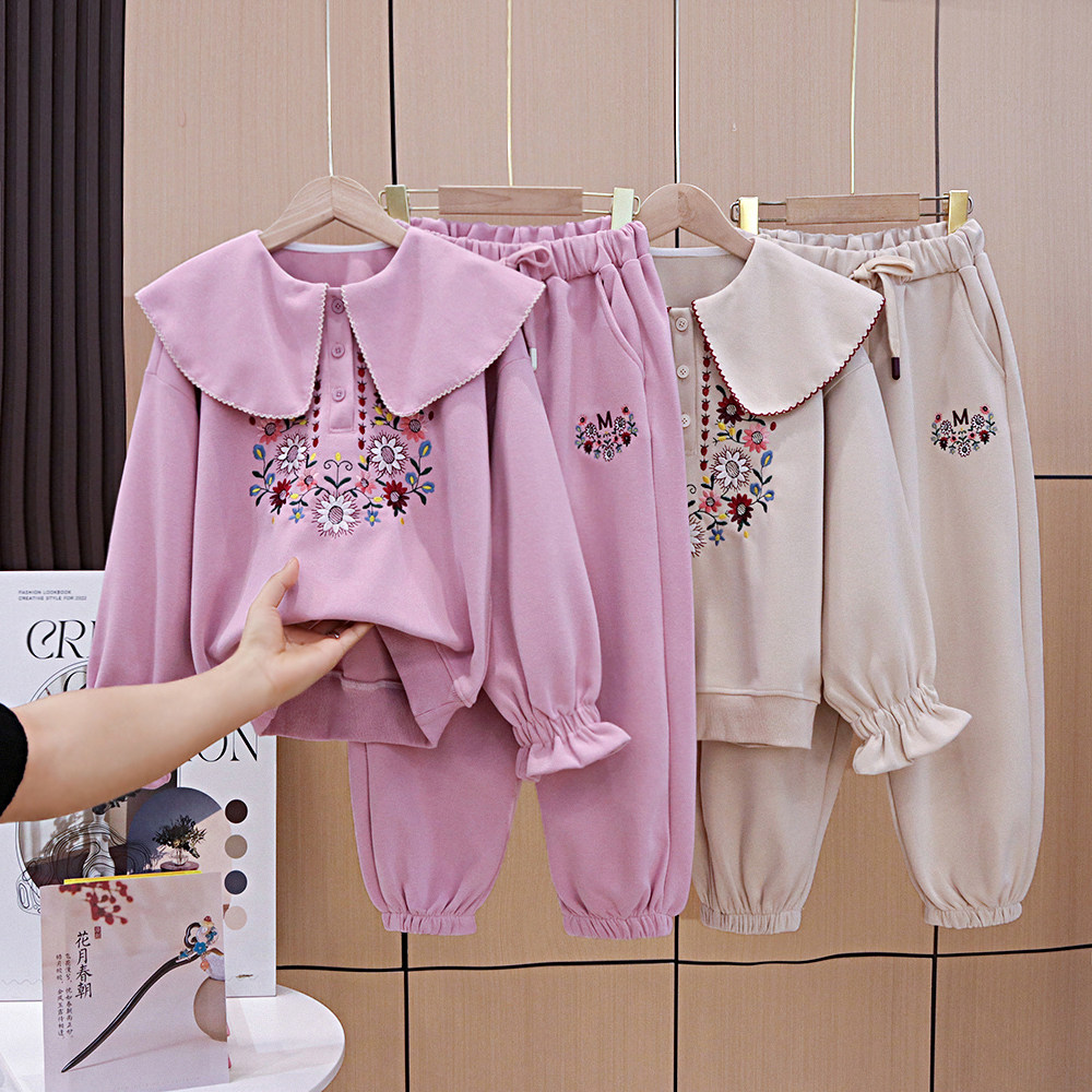 女童套装春款2025新款童装中大童洋气时髦刺绣翻领儿童两件套休闲