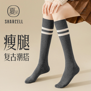 小腿袜女春秋纯棉显瘦灰色长筒袜日系JK条纹半截中筒及膝高筒长袜
