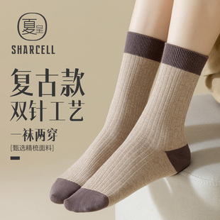 袜子女纯棉夏季 潮 中筒袜撞色复古棉袜春季 堆堆长筒长袜2025新款