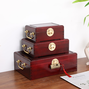 香樟木桌面收纳盒实木带锁首饰盒创意中式复古珠宝盒饰品收藏盒子