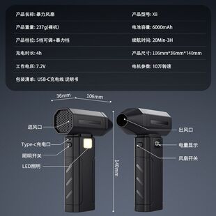 风扇风力便携式X8大跨境除尘吹风机暴力涡轮手持桌面高速旋转