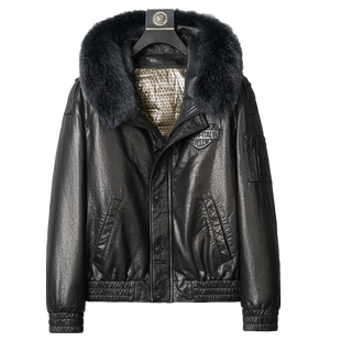 秋冬时尚头层牛皮皮夹克男士狐狸领连帽短款真皮皮衣皮羽绒服外套