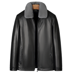 海宁水貂内胆皮毛一体男冬季山羊皮父亲真皮皮衣中老年皮夹克外套