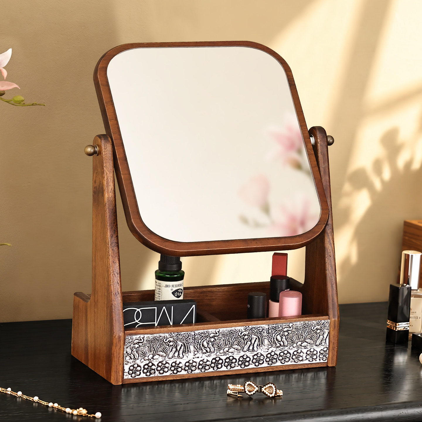 异丽实木桌面化妆镜收纳盒一体柚木卧室复古梳妆台镜子360度旋转