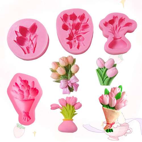 郁金香花束硅胶模具手工DIY香薰蜡烛滴胶巧克力翻糖蛋糕装饰模具