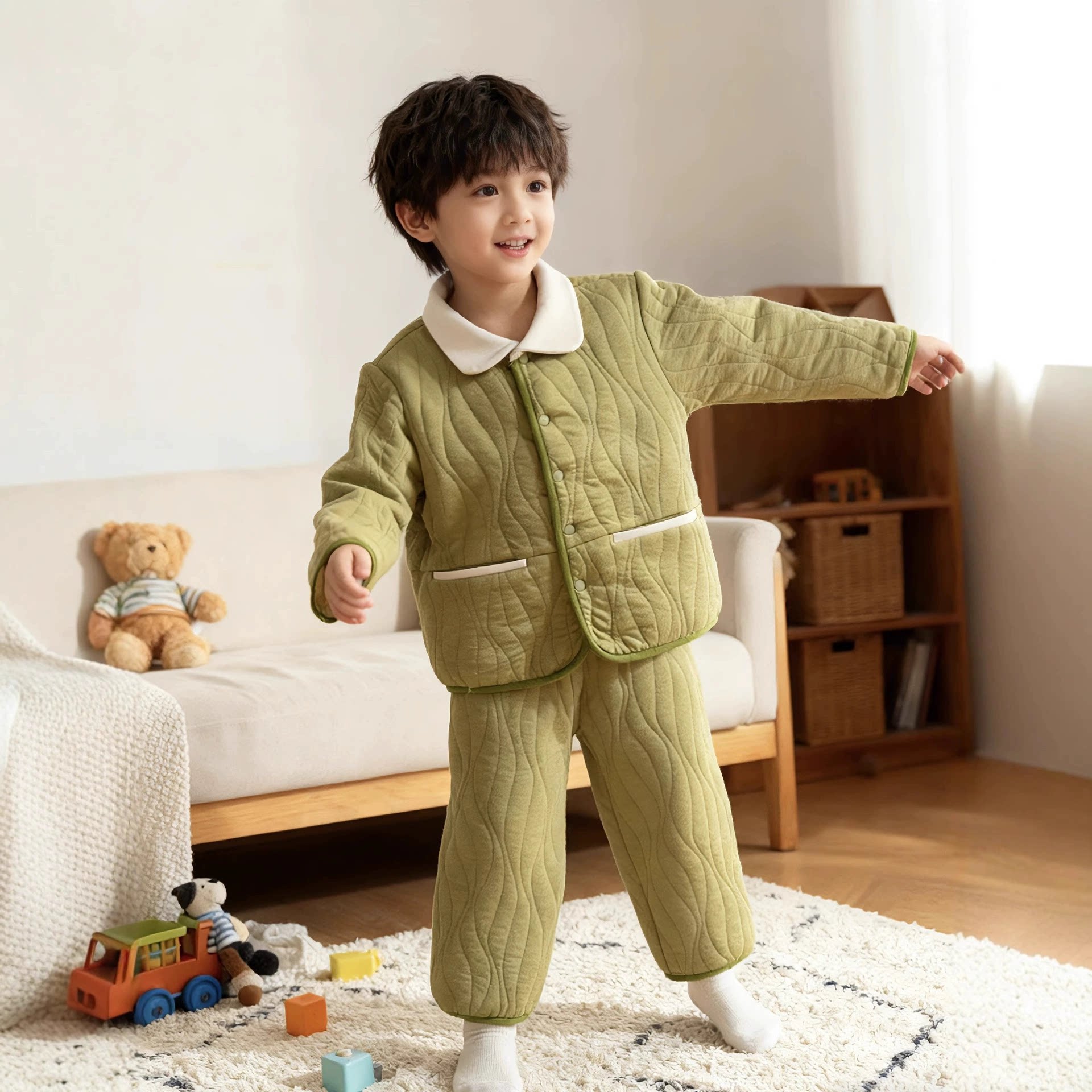 儿童睡衣娃娃领家居服套装纯棉男女童秋冬季开扣夹棉保暖中大童