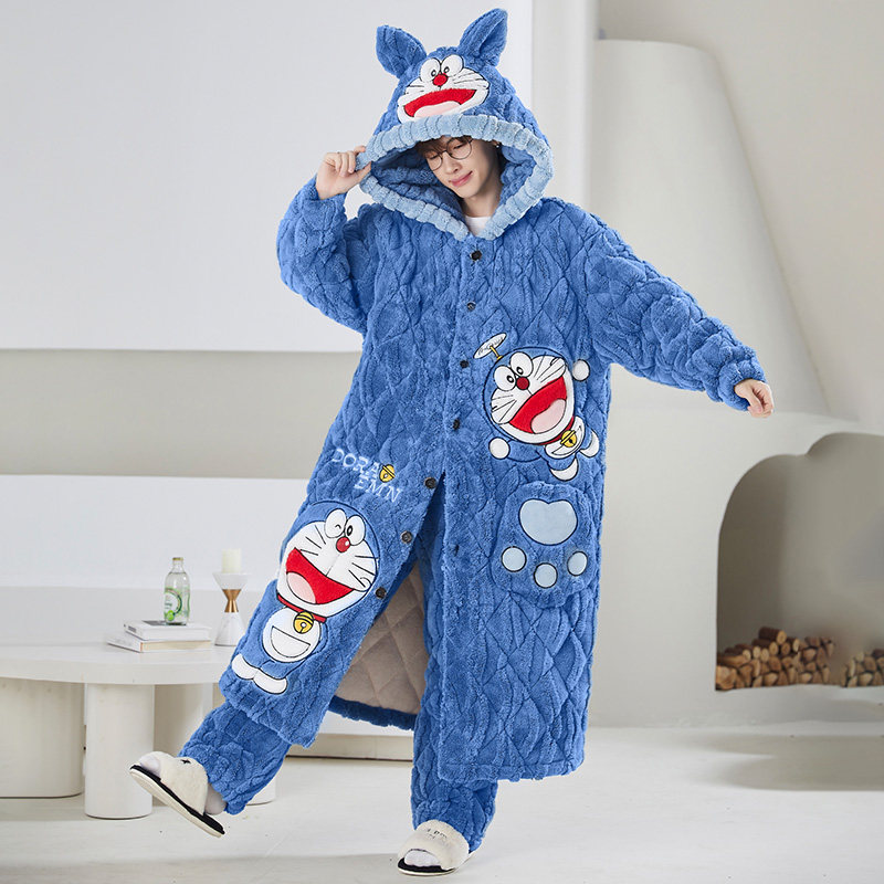 冬季睡袍男士保暖三层夹棉睡衣秋冬天珊瑚绒加厚加绒青少年家居服