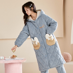 三层夹棉加厚加绒冬季珊瑚绒睡袍女款可爱睡衣法兰绒家居服两件套